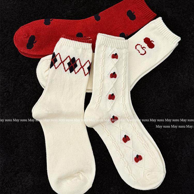 May susu·秋冬加厚保暖韩系可爱新年红色袜子苹果菱格袜堆堆袜,女士内衣/男士内衣/家居服,中筒袜,淘宝优惠券,粉丝福利购,淘宝优惠卷