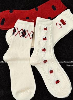 May susu·秋冬加厚保暖韩系可爱新年红色袜子苹果菱格袜堆堆袜