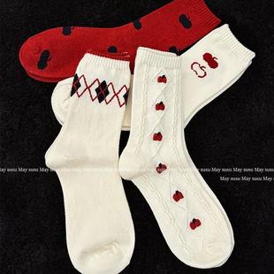 May susu·秋冬加厚保暖韩系可爱新年红色袜子苹果菱格袜堆堆袜