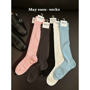 May 小腿袜 susu·纯色竖条miu系堆堆长袜光泽感显瘦粉长筒袜薄款