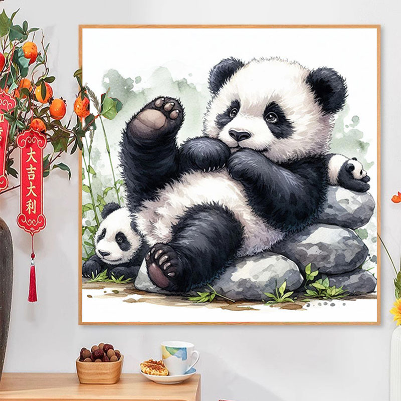 可爱熊猫数字油画送小朋友手工礼物卧室客厅走廊装饰画儿童丙烯画图片