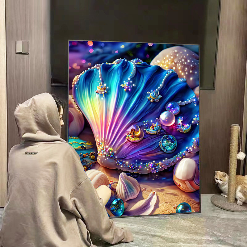 梦幻海底世界钻石画满钻带框2023新款治愈紫色贝壳手工贴钻十字绣