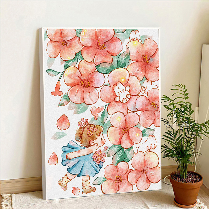 桃花少女钻石画小件2023新款贴钻卧室卡通动漫儿童房点钻绣5d满钻