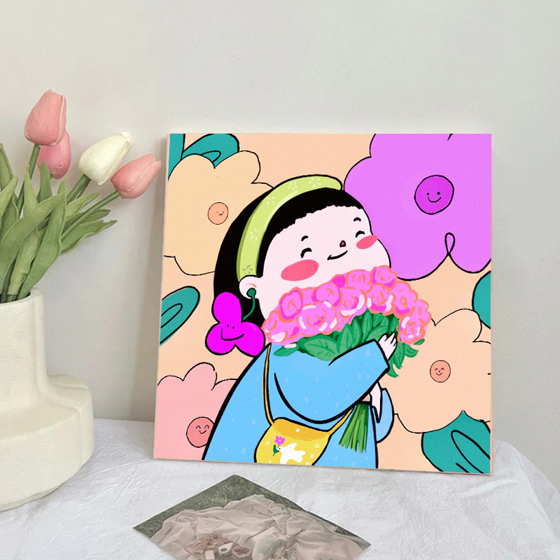 捧花卡通女孩钻石画2023新款治愈励志点钻十字绣贴钻画满钻