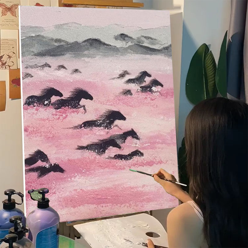万马奔腾石英砂肌理画手工diy图片