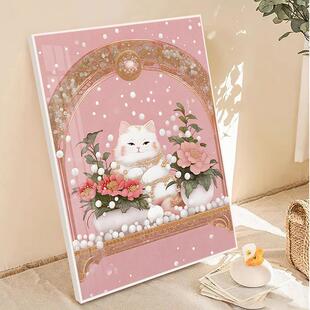 高级感粉金招财猫咪钻石画2025新款满钻客卧室治愈萌宠十字绣带框