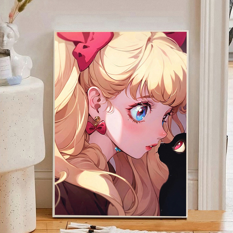 猫与美少女钻石画满钻款卡通5d立体贴钻十字绣女孩手工贴装饰画