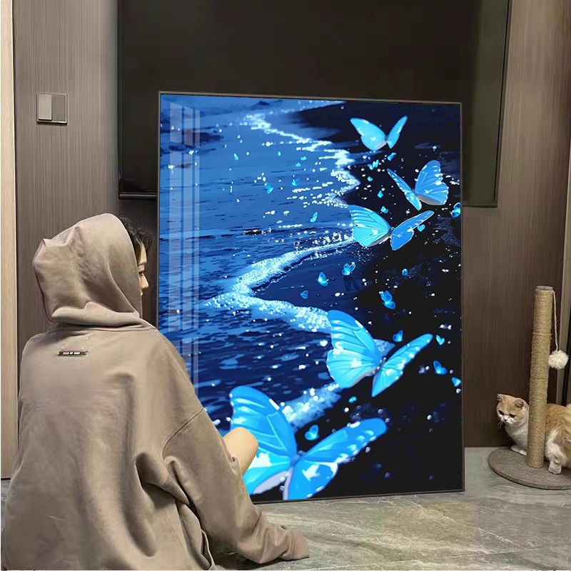 蝶舞海景钻石画满钻2025新款客厅玄关高级感现代贴钻画十字绣带框