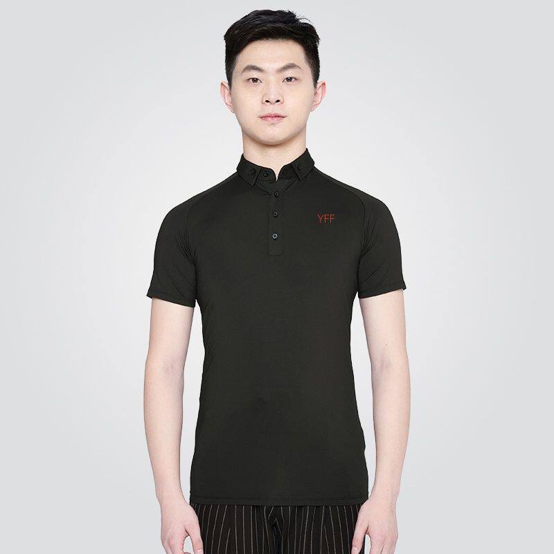 舞蹈服摩登舞插肩短袖黑色POLO衫立领国标舞练舞服练功服上衣男