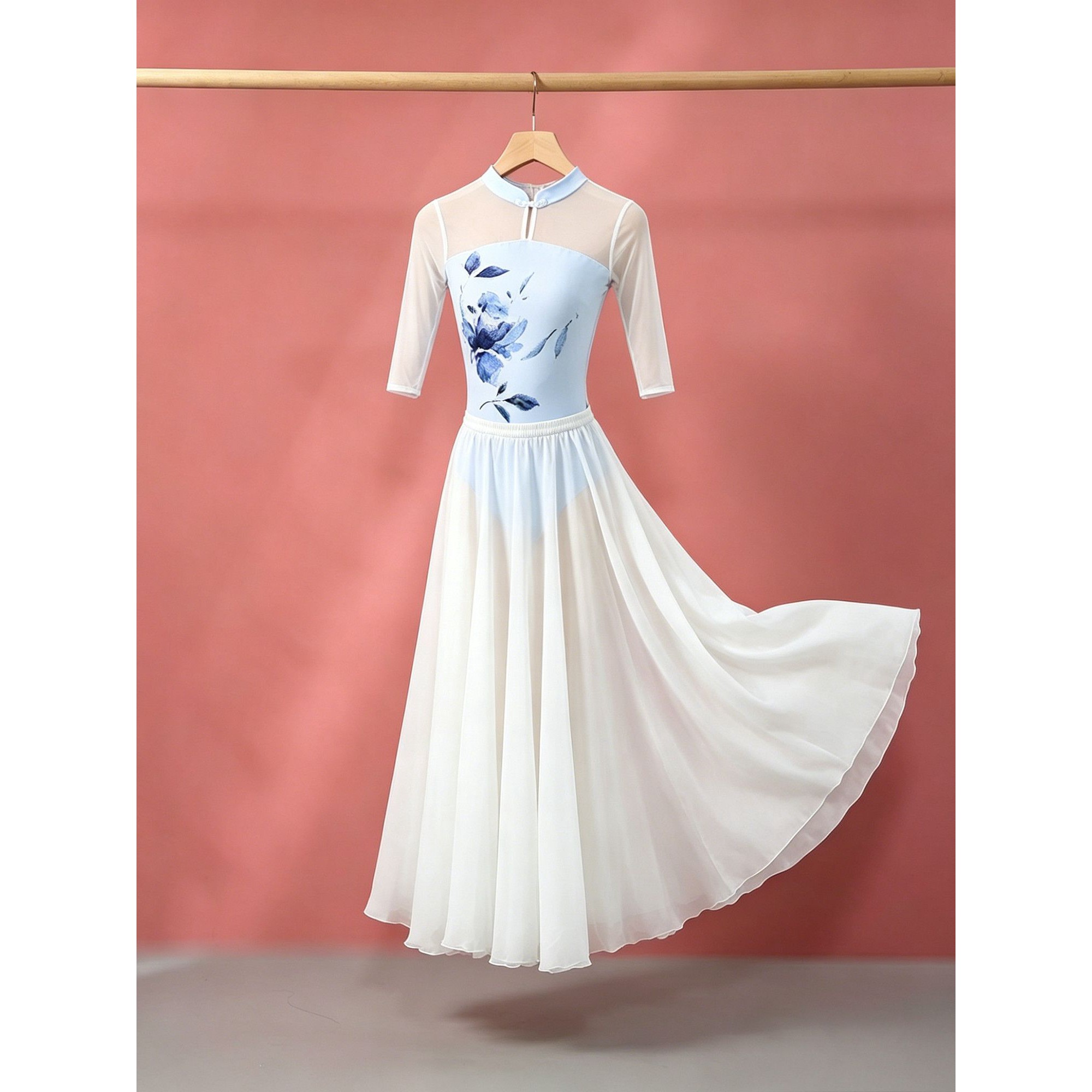 中国风青花旗袍体操服女成人舞蹈服芭蕾舞练功服形体连体服