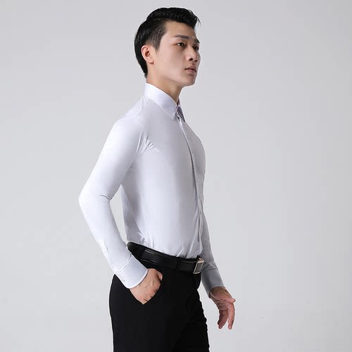 男士连体衬衣白色摩登舞新款拉丁舞服装男舞蹈国标上衣比赛