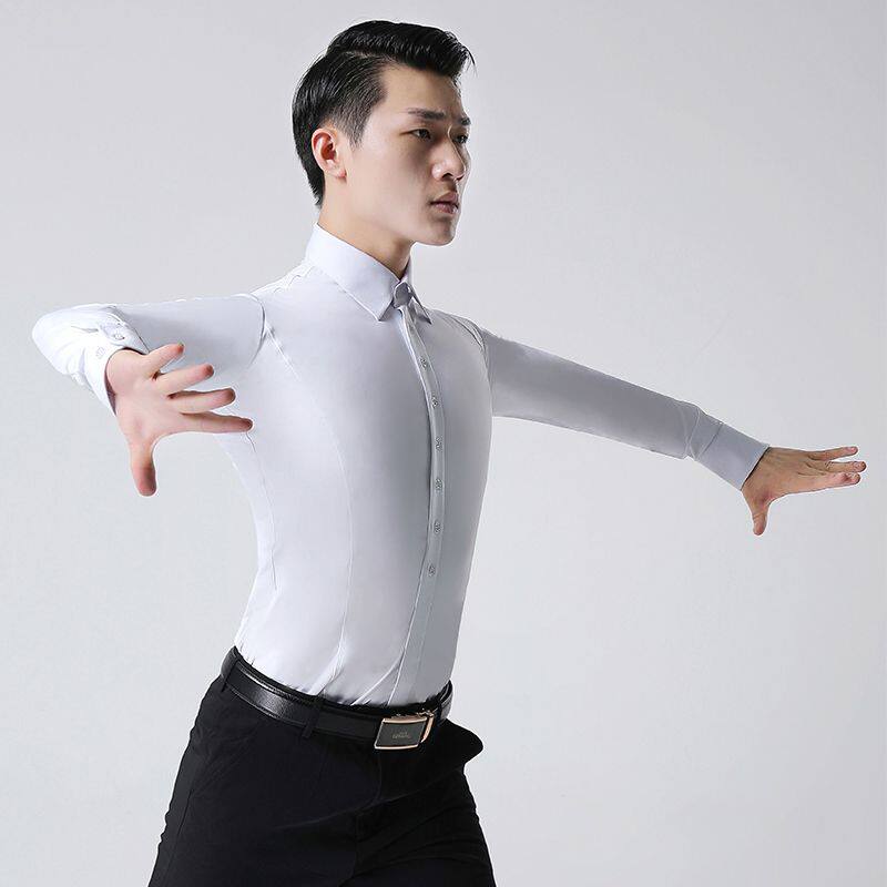 男士连体衬衣白色摩登舞拉丁舞服装新款男比赛舞蹈国标上衣