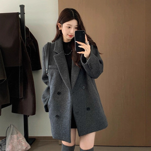 大码女装加厚保暖西装毛呢外套2025秋冬新款呢子大衣赫本风中长款