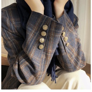 2025秋冬新款 西装 胖mm格子呢子大衣中短款 女装 职业 毛呢外套大码