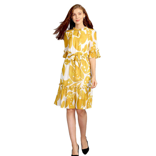 收腰中袖木耳荷叶边雪纺连衣裙