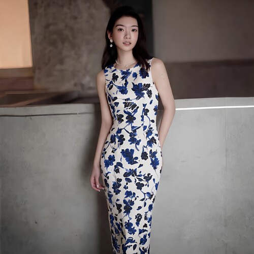 无袖背心白色碎花棉质直筒花印修身包臀连衣裙女夏季新款大码春秋