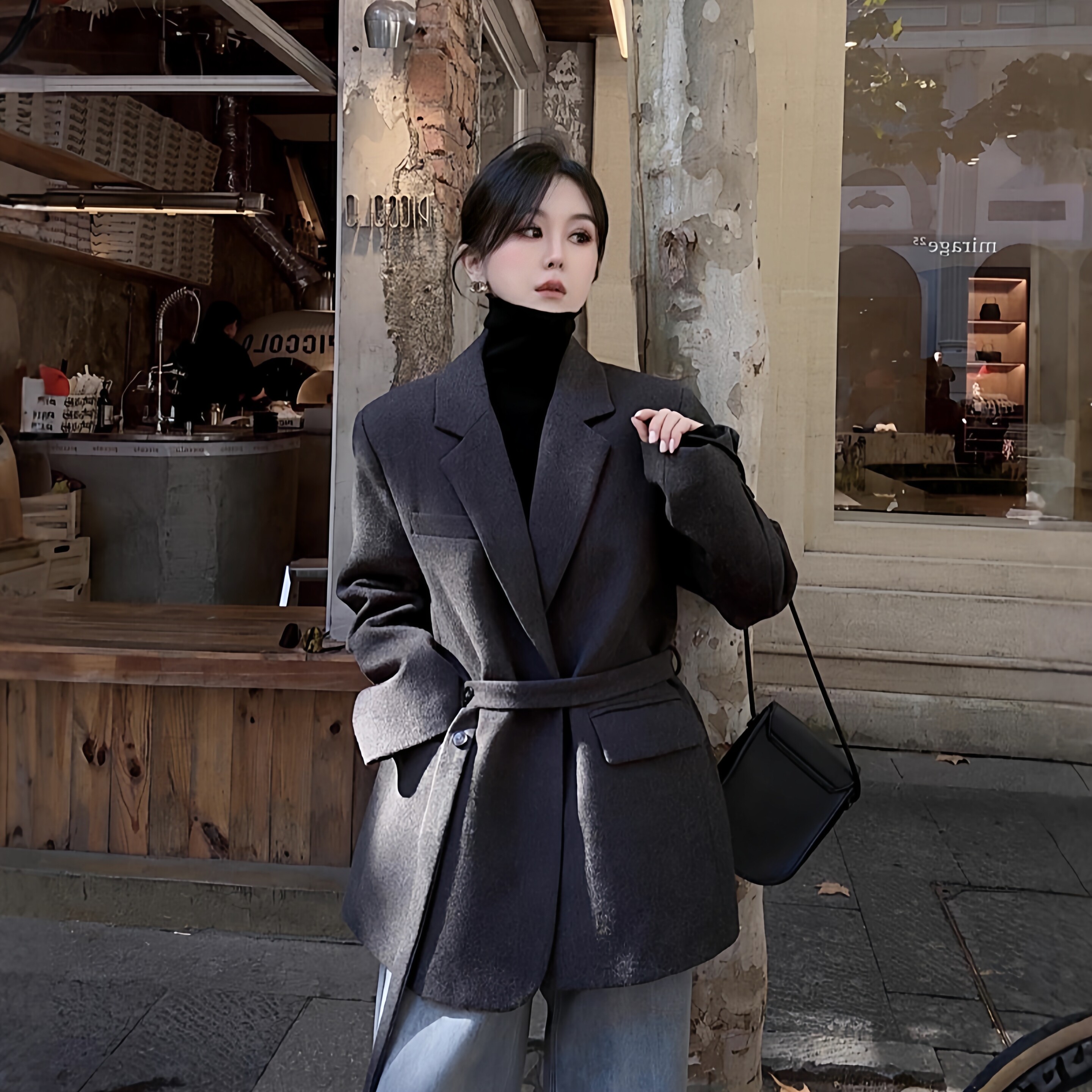 胖mm大码短款小个子呢子大衣女装秋冬新款高级感系带西装毛呢外套