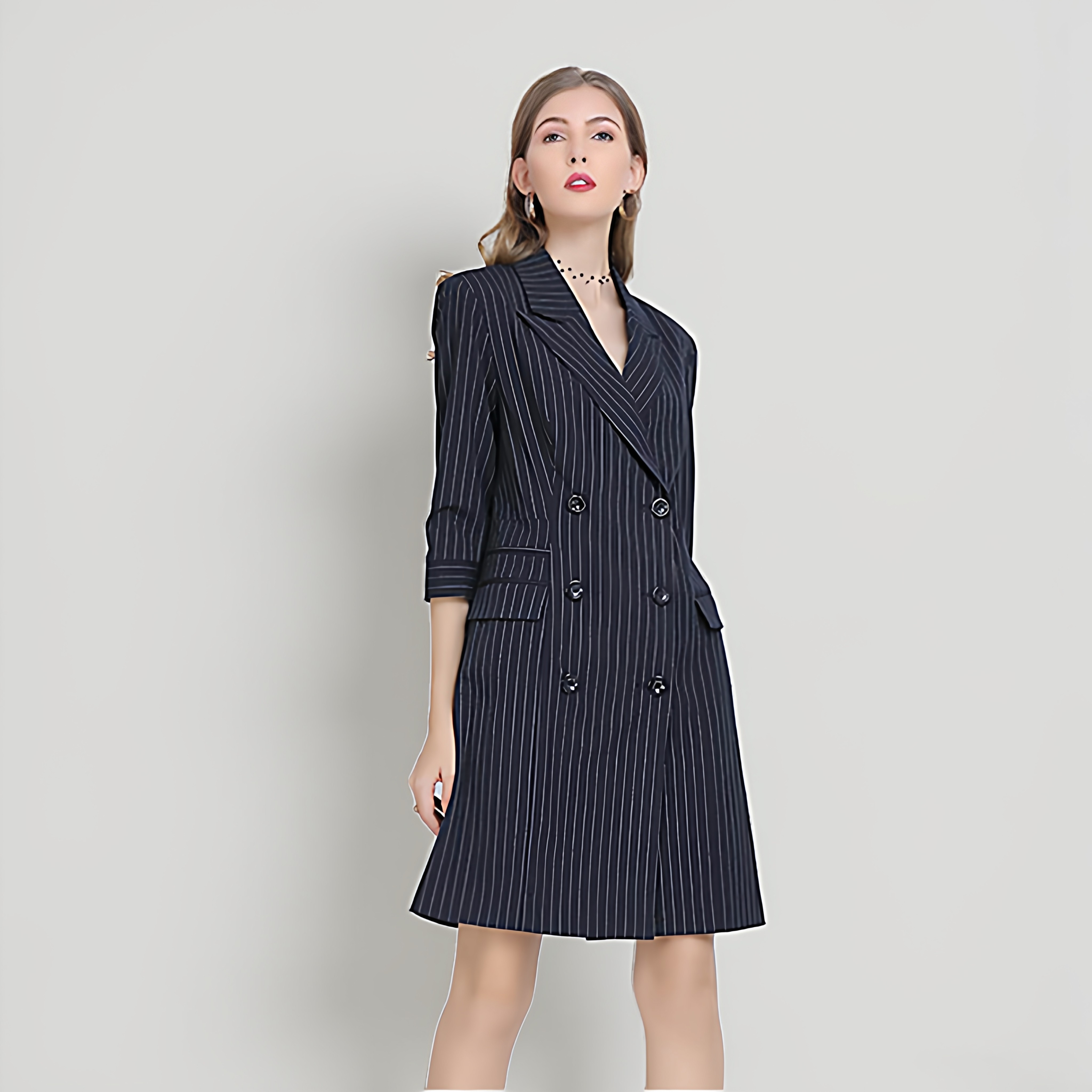 大码条纹优雅职业通勤西装领收腰连衣裙女装2026春秋新款季胖mm
