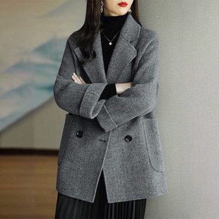 女装 2024秋冬新款 职业双排扣毛呢外套大码 加棉加厚大衣西装 领长袖