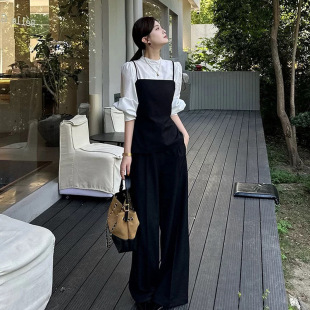 秋冬新款大码女装套装女胖mm气质修身马甲阔腿裤两件套长袖白衬衫