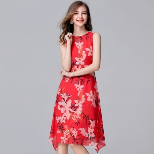 吊带无袖 女装 背心 胖mm大码 丝滑雪纺印花高腰不规则裙摆连衣裙夏季