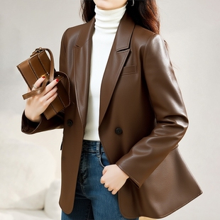 大码哑光pu皮衣西装外套女装秋冬新款复古上衣胖MM气质短款大衣