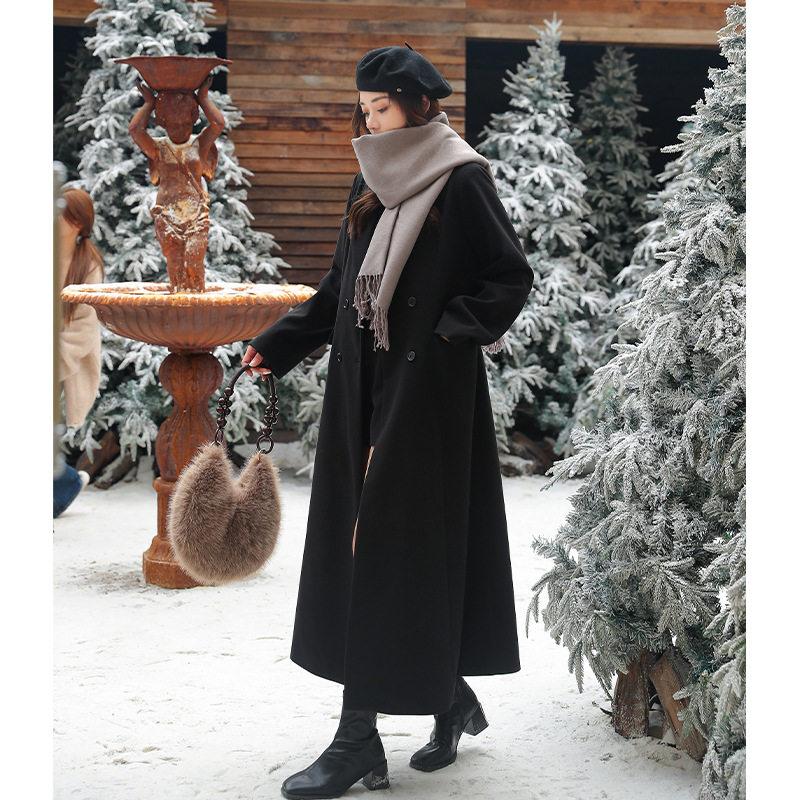 冬季新款大码女装赫本风加棉毛呢外套收腰长款气质呢子大衣25169