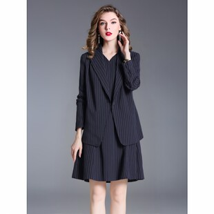 西装 女装 搭配无袖 条纹连衣裙套装 春秋 大码 两件套2026新款 职业套装