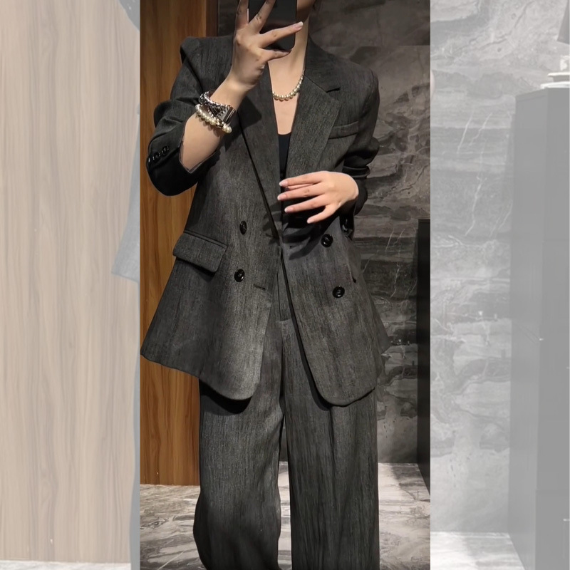 西装套装胖mm春秋时尚轻熟风宽松阔腿裤长袖西服