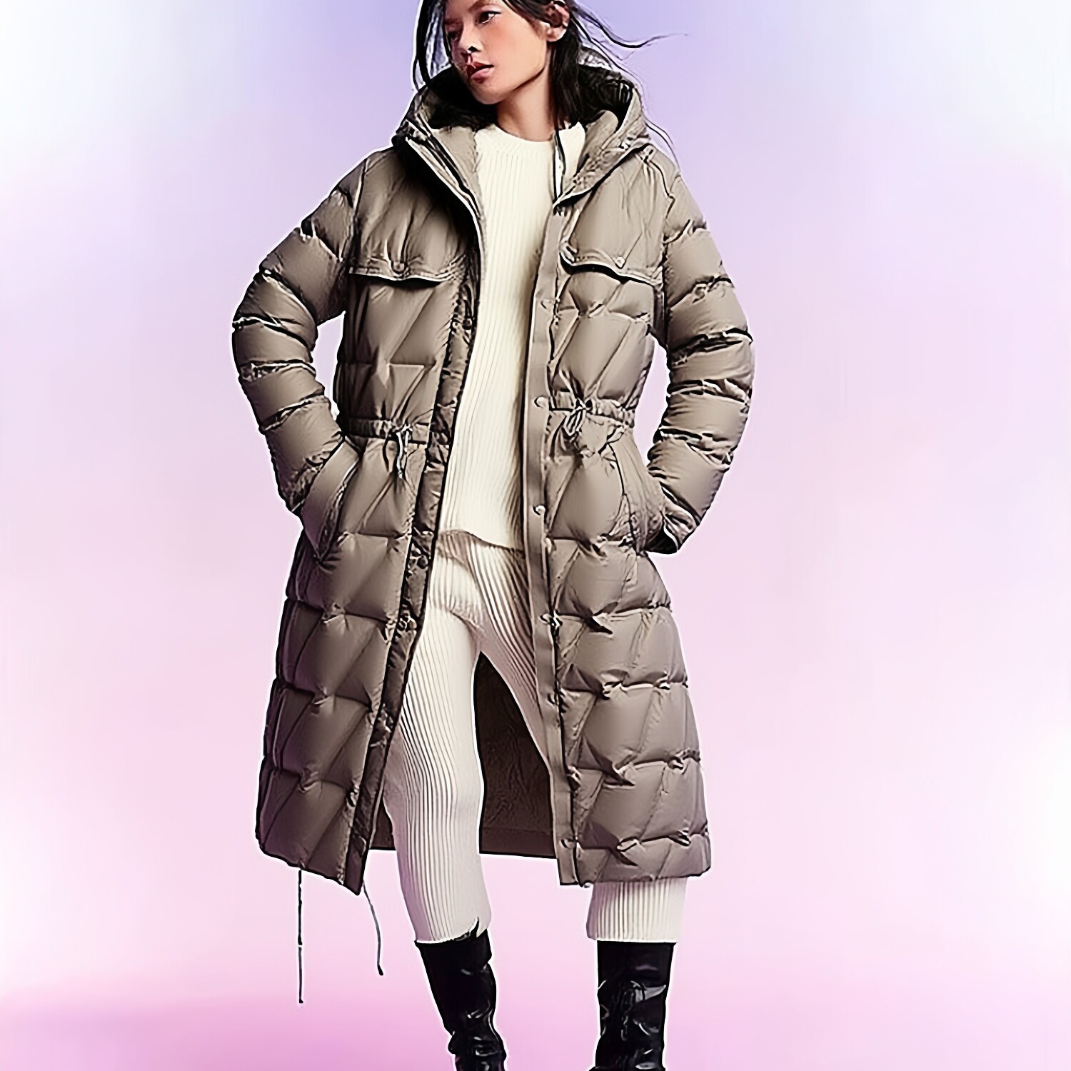 秋冬新款连帽白鸭绒保暖羽绒服女装中长款过膝时尚收腰轻薄外套