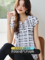 通勤风黑白格子雪纺衫女短袖系带圆领开叉气质上衣夏季新款大码装 thumbnail 2