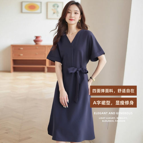 外贸欧美大码女短袖v领a字连衣裙