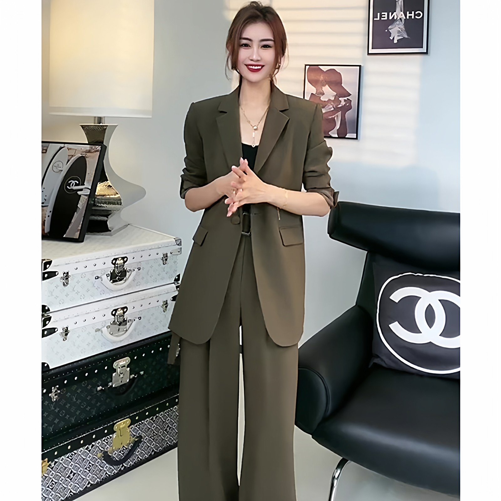 职场套装胖mm宽松西装外套搭配阔腿裤子两件套2026年春秋大码女装