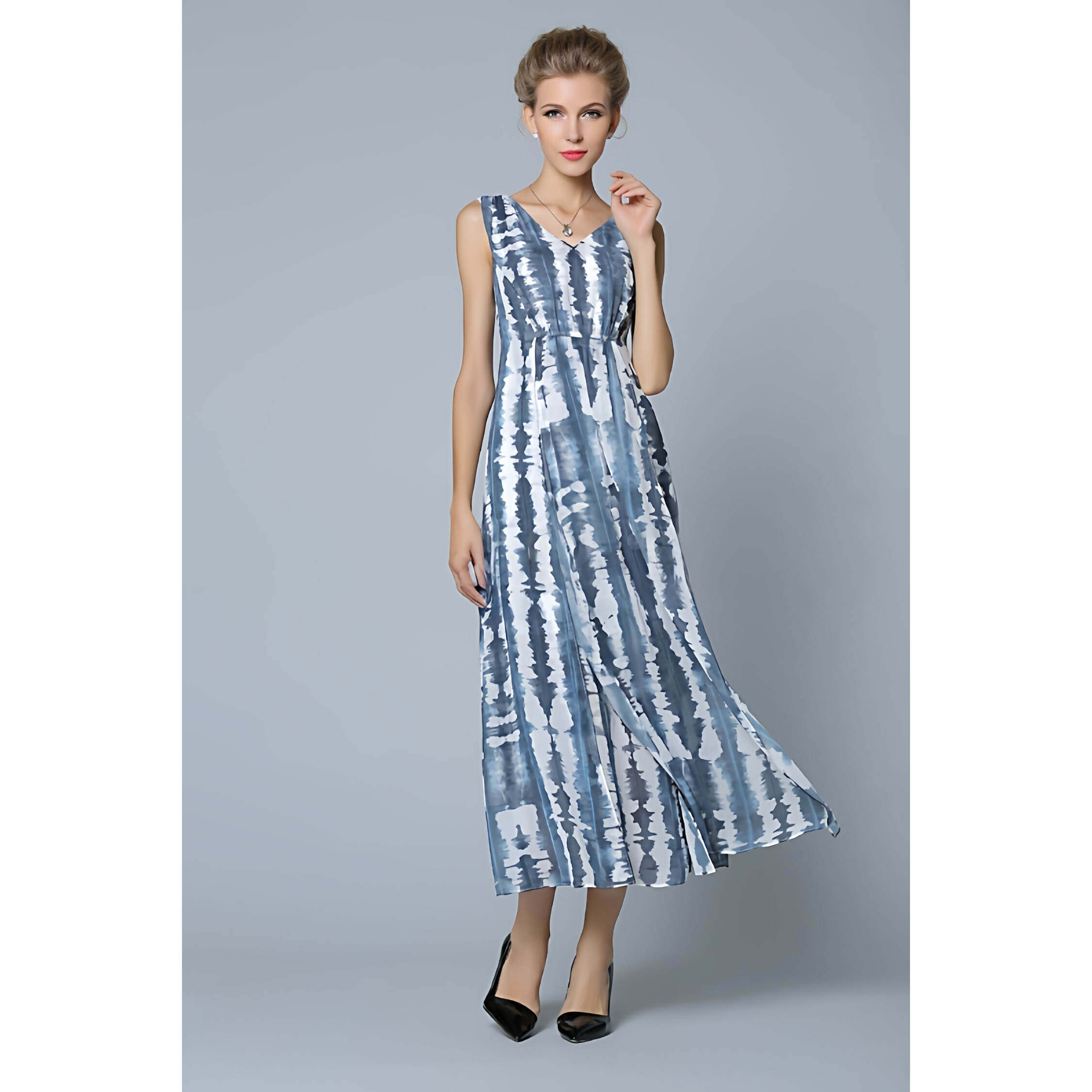 高端法式v领背心无袖春秋吊带A字层次感礼服连衣裙子拖地长款大码