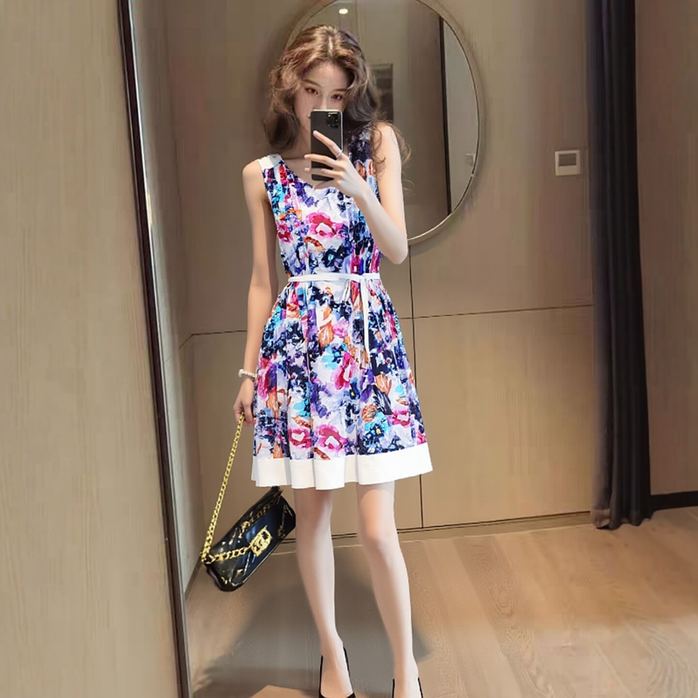 轻奢无袖印花百褶拼接连衣裙女夏系带收腰显瘦高级感气质背心裙子