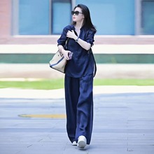 蓝色v领中袖大码女装新中式国风显瘦薄款上衣高腰阔腿裤套装胖mm