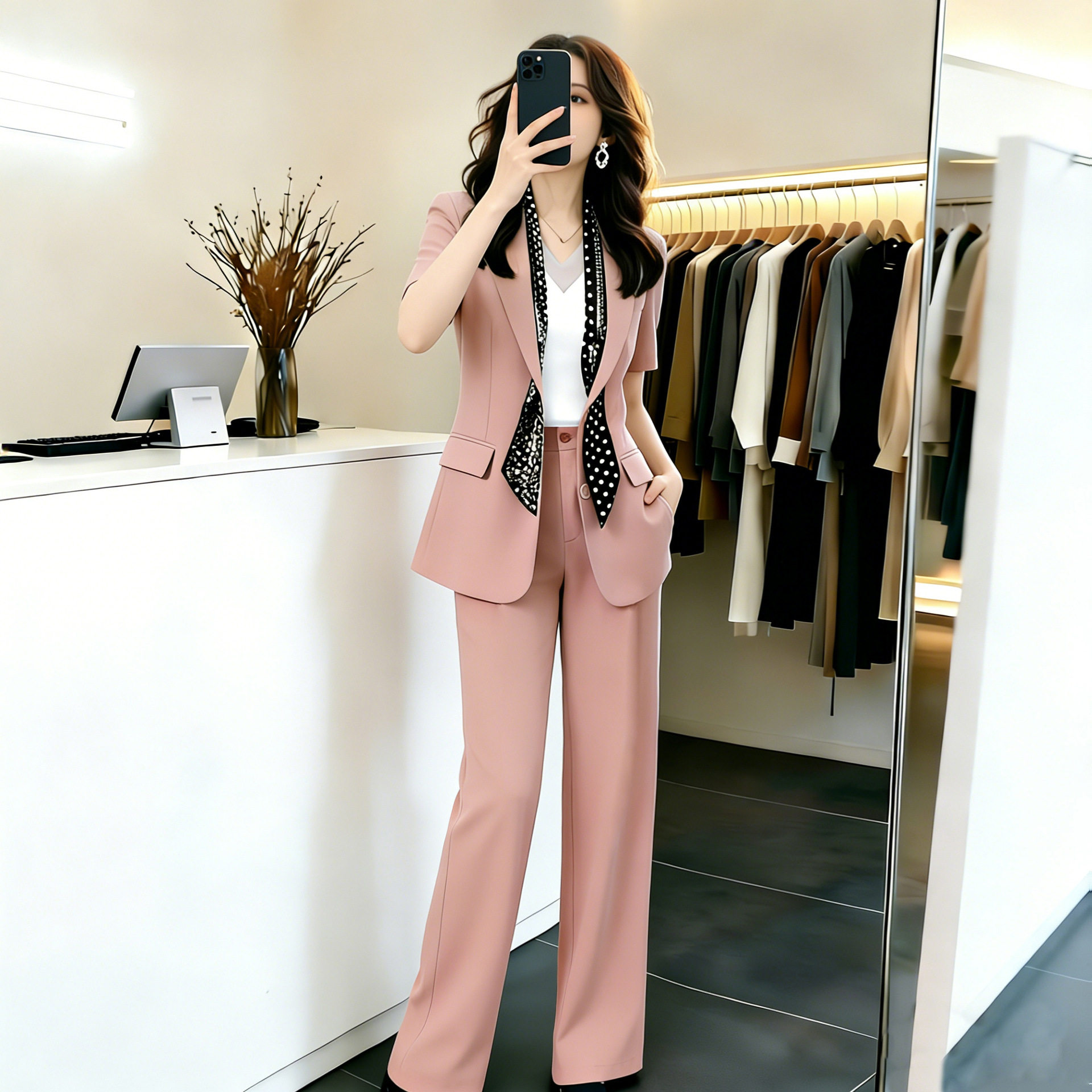 商务轻熟风短袖薄款粉色西装阔腿裤子女夏职业套装收腰显瘦高级感