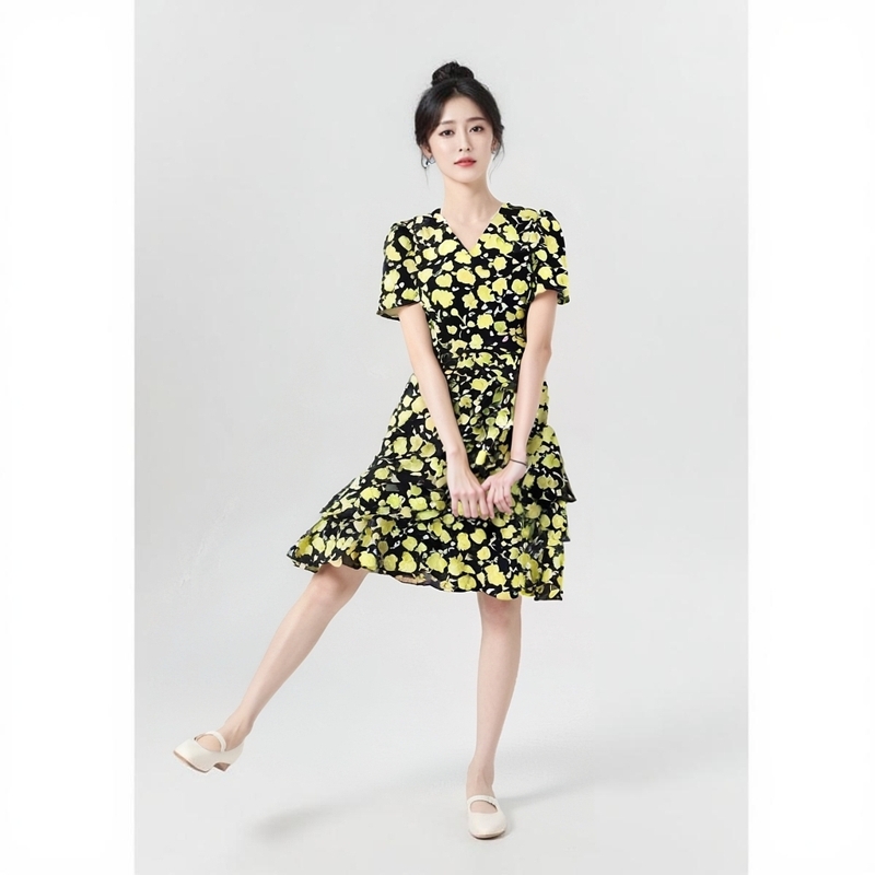 印花雪纺v领短袖连衣裙子荷叶边