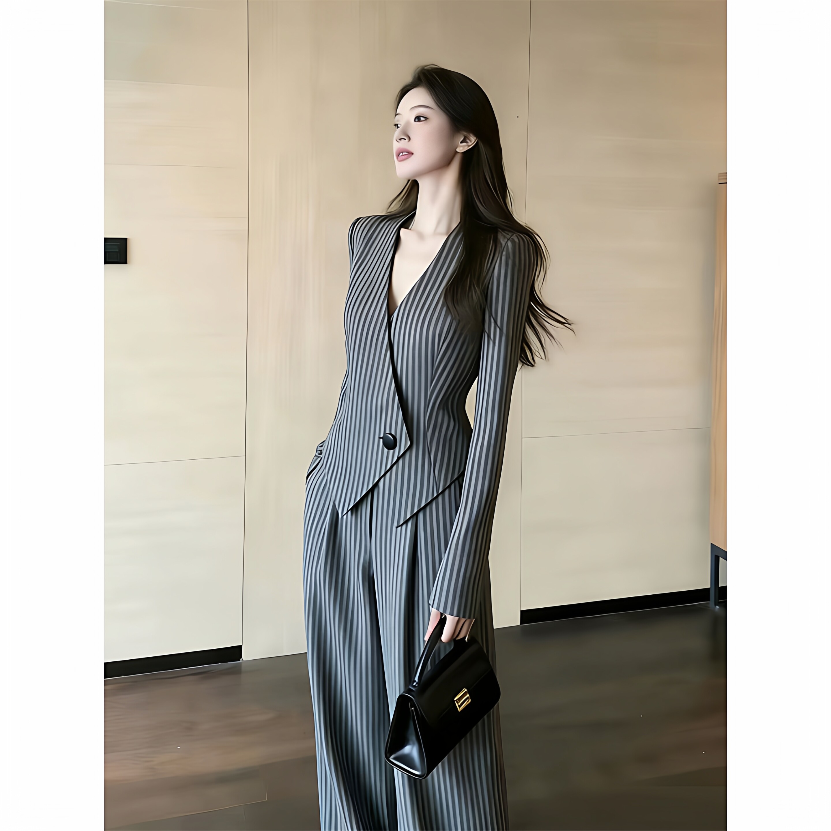 2026新款春秋条纹无领修身西装阔腿裤两件套气质高级感套装女大码