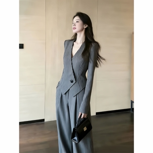 2026新款春秋条纹无领修身西装阔腿裤两件套气质高级感套装女大码