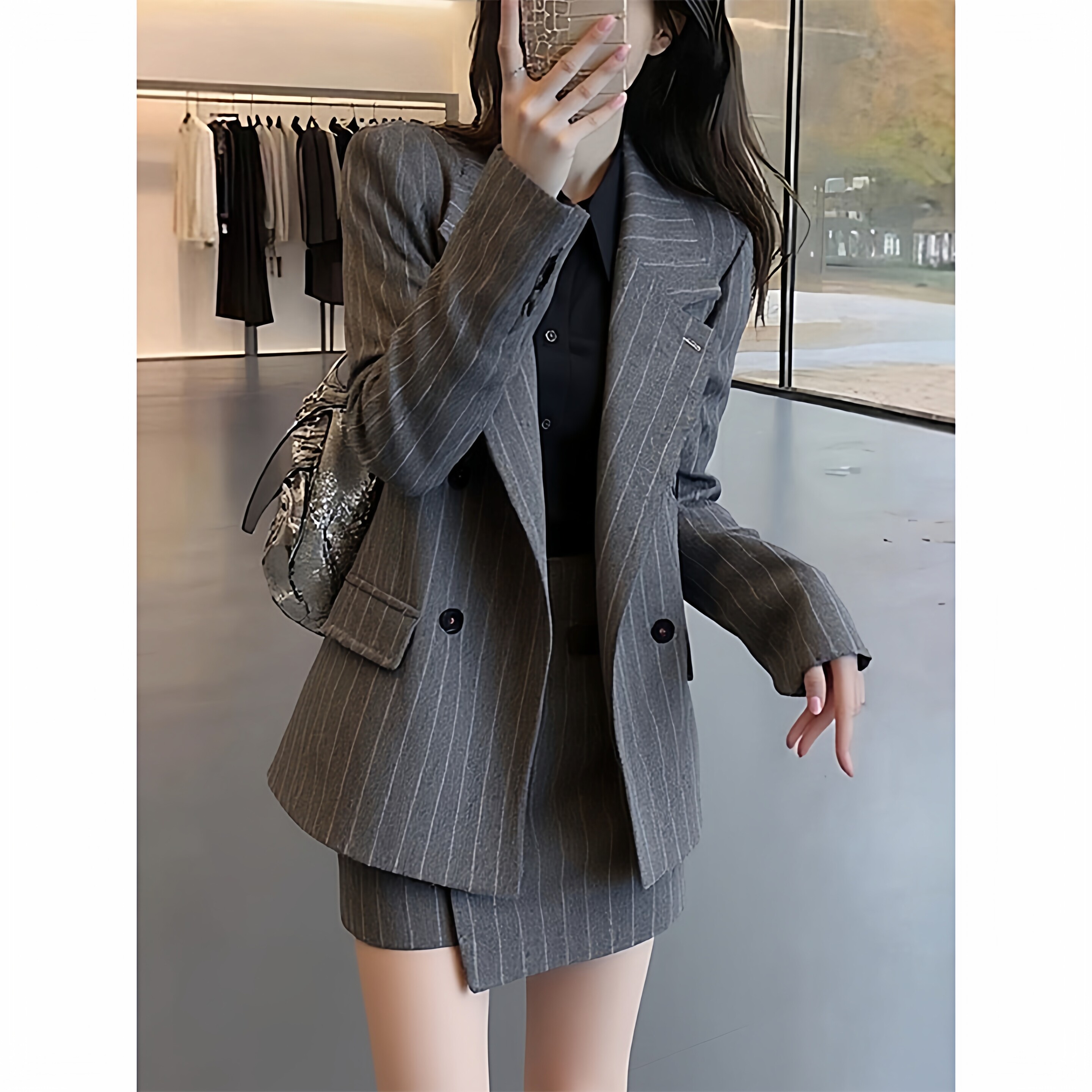 新款大码女装高级感条纹西装套装胖妹妹显瘦半身裙两件套