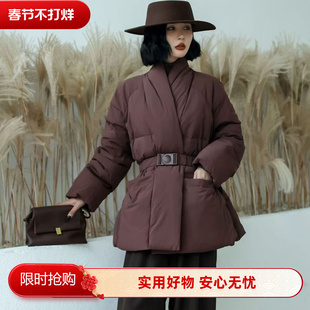 时尚腰带扣修身中款羽绒服女秋冬季新款束腰显瘦加厚V领外套宽松