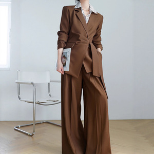 高档大码女装职业褶皱系带西装套装胖mm春秋西服宽松阔腿裤两件套
