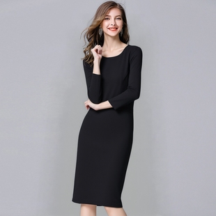 通勤修身弹力罗马布七分袖包臀一步连衣裙新款秋季大码女装小黑裙