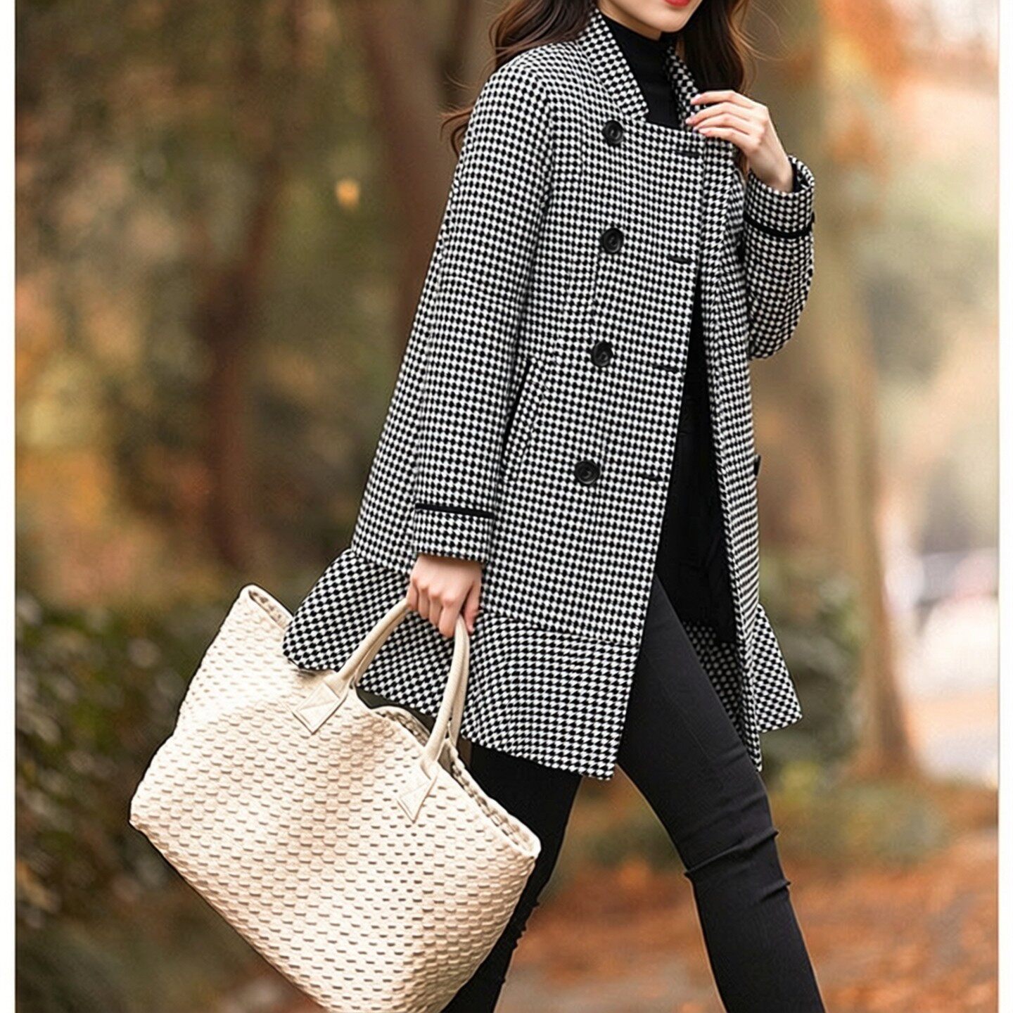 立领a字毛呢外套双排扣荷叶边风衣2026年新款春秋中长款格子大衣