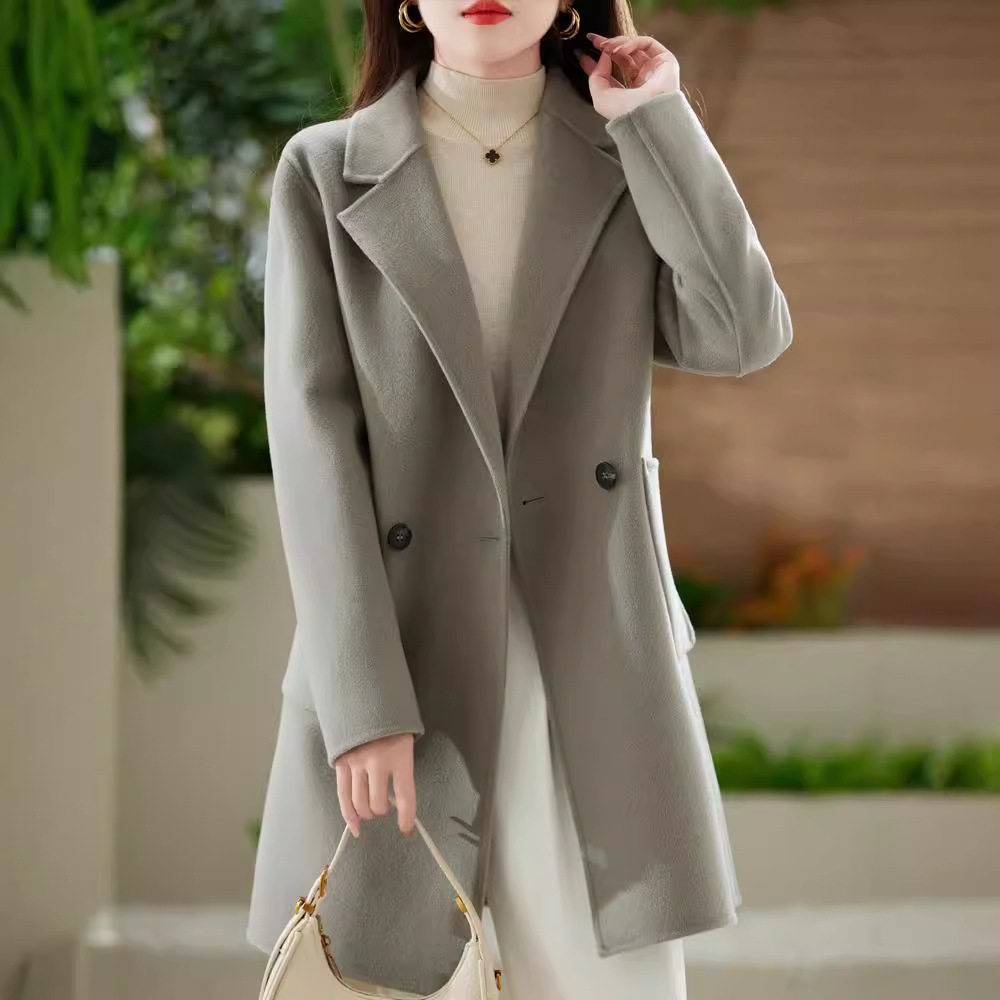 秋冬加厚保暖纯羊毛双面羊绒大衣中长款小个子西装毛呢外套气质女