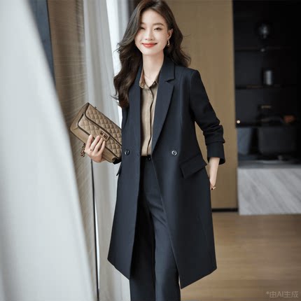 中长款西装风衣外套女春秋2025新款高级感小个子灰色职业西服套装