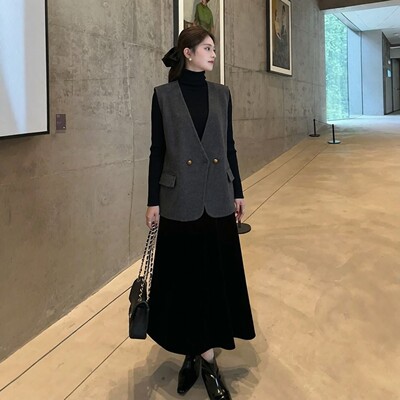 秋冬V领手缝羊毛双面呢马甲女