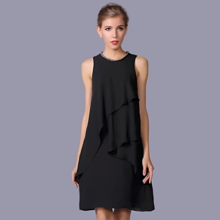 礼服小黑裙子 背心吊带蛋糕直筒a字黑色雪纺连衣裙女夏季 无袖 大码