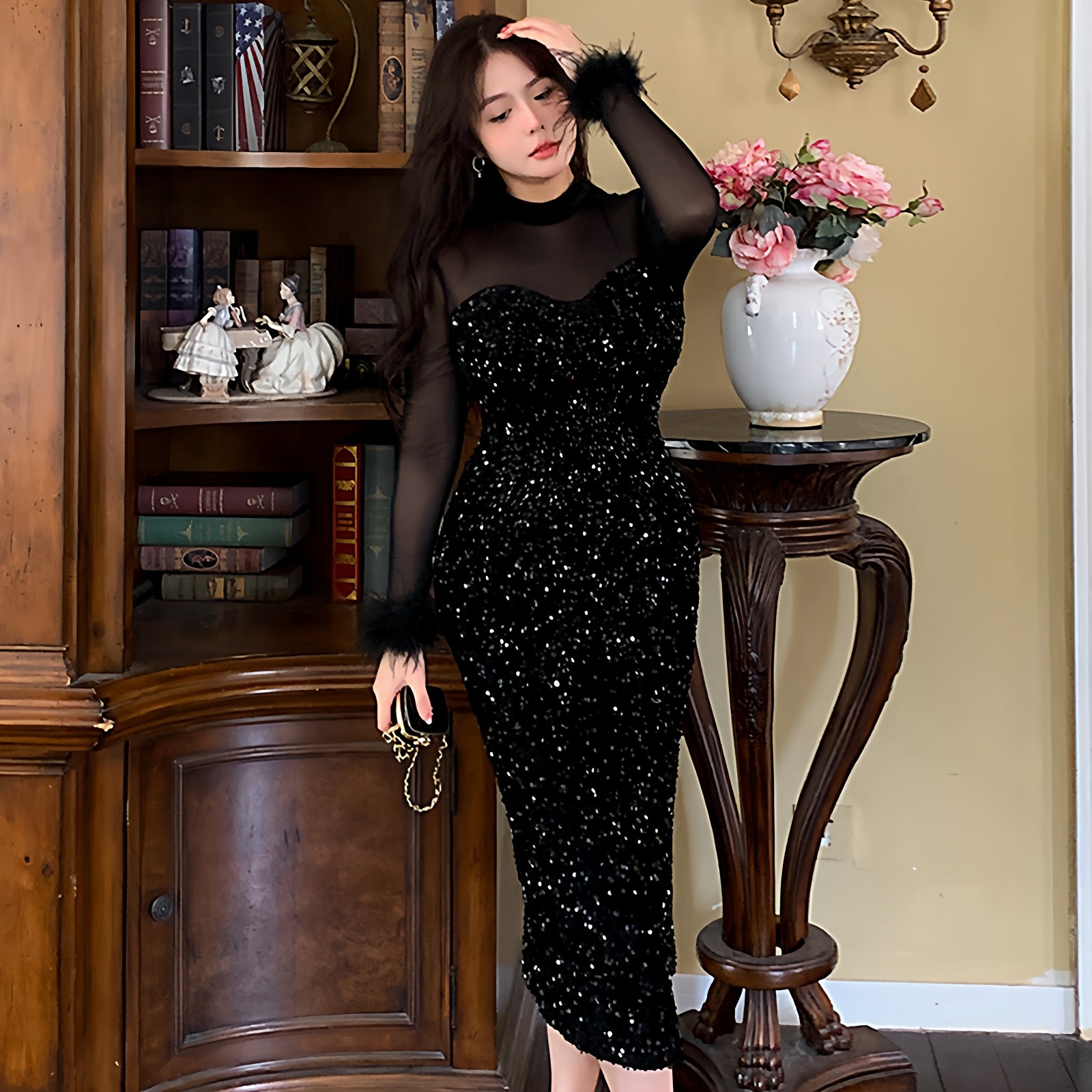 高级感黑色性感网纱亮片礼服胖mm显瘦网纱包臀连衣裙大码秋冬女装